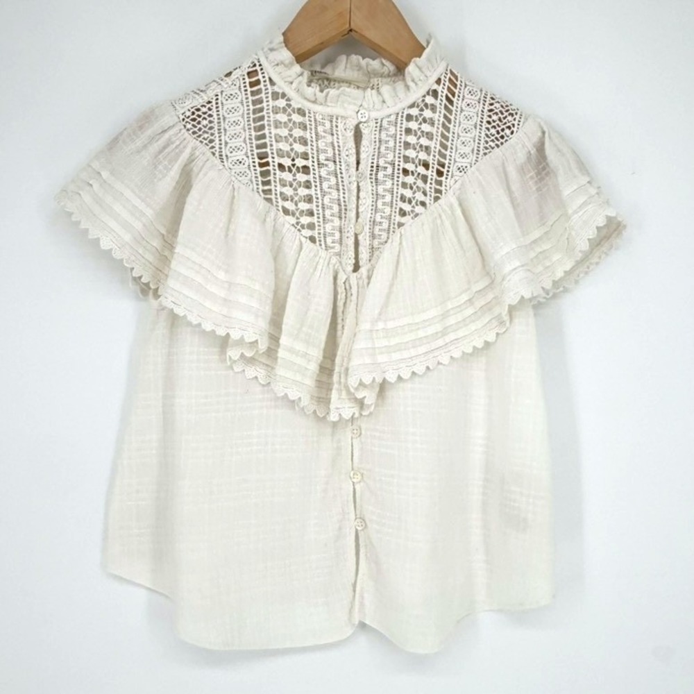 Anthropologie Pilcro White Cotton Crochet Lace Ruffle Blouse XS Prairie Feminine